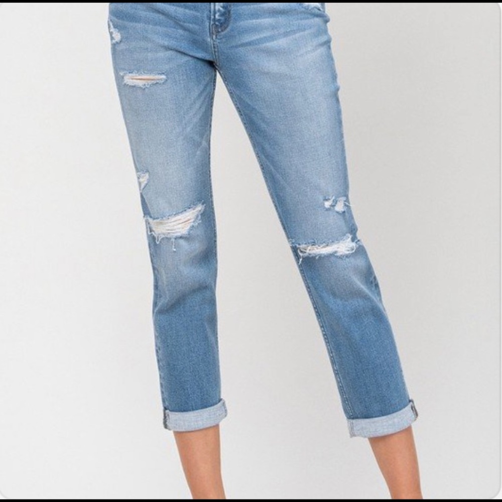 Flying Monkey Distressed Cuffed Stretch Boyfriend Jeans  (Riptide)